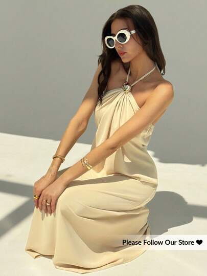 Aloruh New Champagne Backless Pleated Simple Long Halter Dress With Metal Ball Decor, Oversized Fit, Flattering Silhouette,Boho Clothes Women Fashion Clothing Holiday Outfits For Women Vacation Outfits Women Summer Spring Outfits Street Chic
