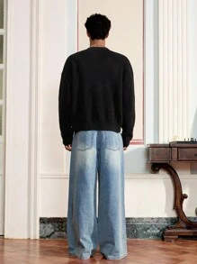 SWAVVY Men's Fashion Heart Pattern Drop Shoulder Long Sleeve Single-Breasted Knit Cardigan , Fall Winter, Grunge Style - Black - View 2