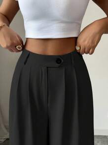 Elenzga 宽松紫色阔腿裤，女士休闲直筒长裤，夏季 - 黑色 - 查看 6