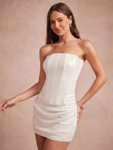L'Amorae Women's White Sequin Bridal Shower Bachelorette Two Pieces Set Corset Top - White - View 4