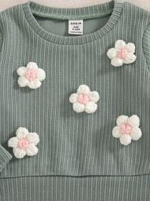 SHEIN 女宝宝宽松休闲可爱3D花朵提花圆领长袖上衣和松紧腰紧身打底裤套装，秋冬 - 綠色 - 查看 6