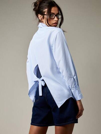 MISSGUIDED قميص أوفرسايز مخطط أزرار لأسفل مع تفاصيل ربطة الخلف، بأكمام طويلة وياقة، ملابس مكتبية، ملابس عمل رسمية كاجوال، موضة الربيع والصيف