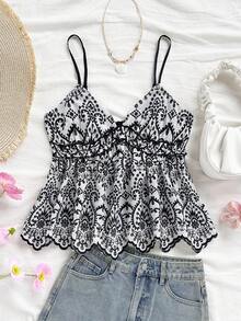 Soleia WYWH 女士夏季休闲沙滩无袖V领拼接荷叶边吊带背心，适合假日、度假、休闲、波西米亚风、西部风、音乐节、乡村风、早午餐、海滩、机场、宽松、毕业典礼、度假装、吊带背心、婚礼、蓝白夏季上衣、波西米亚风上衣、波西米亚风夏季上衣、夏季可爱上衣 - 黑與白 - 查看 7