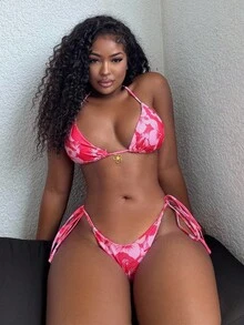 Alexandranx Bộ 3 váy đi biển cổ yếm in họa tiết ngẫu nhiên cho nữ, bộ bikini buộc dây ngày lễ cổ điển, mùa hè - Hồng - Xem 4