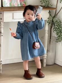 SHEIN Babygirl Spring And Autumn Baby Girl Long Sleeve Ruffle Collar Fashionable And Simple Lace Washed Denim Dress, Suitable For Daily Leisure Wear Such As Autumn Outings, Camping, Vacation, Etc. - Blue - View 1