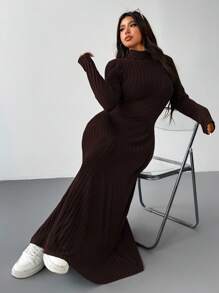 SHEIN EZwear Plus Size Wool Ribbed Texture Turtleneck Casual Maxi Dress, Autumn/Winter - Brown - View 4