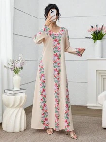 Yasmyna 花卉印花V领优雅长袖土耳其和阿拉伯风格长裙 - 杏色 - 查看 5