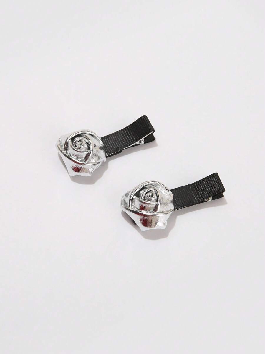 SHEIN ICON 银色仿皮玫瑰花发夹，适合日常佩戴 - 銀色 - 查看 1