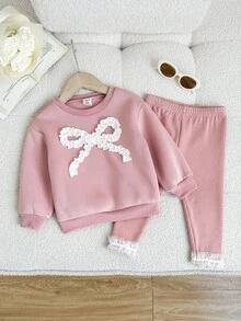 LMoss Kids LMoss 2pcs Baby Girl Knitted Bow Pattern Crew Neck Casual Sweatshirt And Leggings Set Pink Bow Baby Outfit Baby Girl Ruffle Pants Set Baby Girl Sweat Set Baby Girl Long Sleeve Set Baby Girl Clothes Girls Co Ord Set Fall Winter