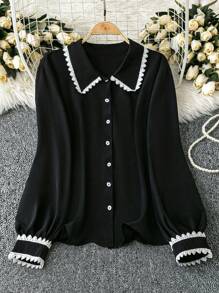 Rometta Exquisite & Elegant  Plus Size Women's Color Block Floral Trim Button Down Shirt Fall Cloth For Women - Black - View 3