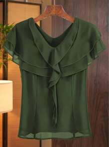 GlowEve Blusa casual da donna con orlo a volant e colore unito - Verde militare - Visualizzare 3