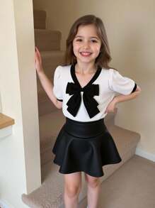 Girls Casual Loose V-Neck Textured Ruched Fabric Bowknot Decor Shirt - White - View 3