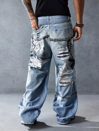 Goth Men's Loose Street Fashion Chain Pattern Wide-Leg Jeans