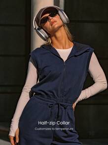 GLOWMODE 24" Everyday Terry Glow Hero Soft Sweat-Wicking Front Zipper Adjustable Drawstring Waist Back Pockets Ribbed Hem Hoodie Jumpsuit - Navy Blue - View 4