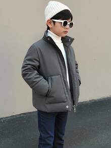 Genkimix Kids 男童休闲立领长袖宽松短款拉链口袋棉服外套，深灰色，秋冬 - 灰色 - 查看 3