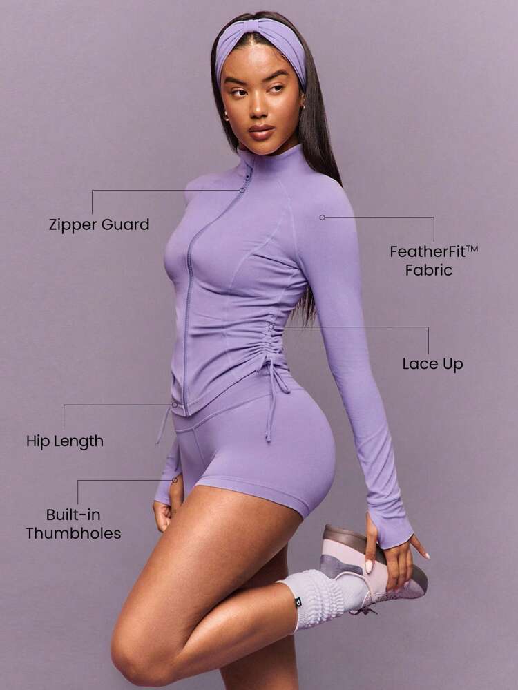 FeatherFit™ クールコントア 吸汗速乾 ストレッチ サイドドロストリング スリムフィット ジャケット サムホール ジッパーガード ヨガ ピラティス バレエ スタジオ デイリーカジュアルウェア