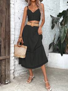 Breezaya 女式撞色蕾丝荷叶边下摆超长度假海滩裙 - 黑色 - 查看 6