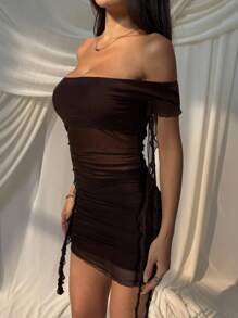 SHEIN EZwear Women's Coffee Brown Off-Shoulder Ruffle Hem Patchwork Mini Dress - Coffee Brown - View 3