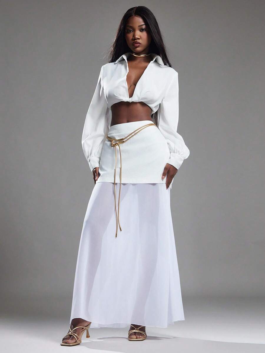 NYA SZN High Rise Flowy Chiffon Maxi Skirt White,Autumn,Seksi Chic,Vacation Mesh Wedding Guest Bridal Party Boho Festival Beach Casual Special Occasion Gyaru - White - View 1