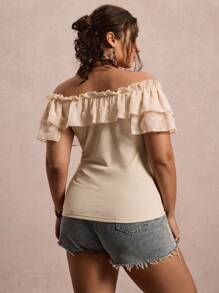 SHEIN VCAY Plus Size Casual Off Shoulder Ruffle Trim T-Shirt Ruffled Top Milkmaid Top Off The Shoulder Top Swiss Dot Top Cute Tops Going Out Tops Women Flowy Top Sexy Tops Casual Tops Women Work Tops Women Back To School Fall Teacher School Teacher Country Concert Western Boho Rave Vintage 2000s Style Fall Plus Size Country Old Money Bohemian Casual Autumn - Apricot - View 4