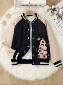 Tween Girl Casual Street Chic College Style Cute Cartoon Animal Print Contrast Raglan Sleeve Baseball Jacket, Autumn Fall Winter