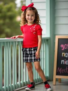 SHEIN Solid Color Casual Short Sleeve Pearl Beaded Ruffle Sleeve T-Shirt For Young Girl