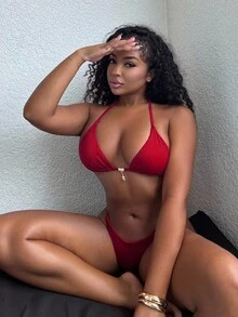 Alexandranx 女士纯色金属吊坠装饰性感吊带比基尼套装夏季 - 中紫紅色 - 查看 5