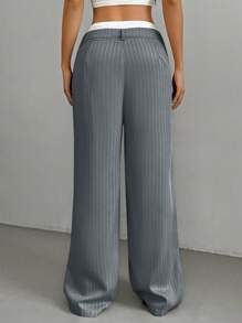 SHEIN EZwear Calças compridas cinza de perna larga com listras e zíper para um visual casual moderno Calças plissadas de cintura alta Calças cinza risca de giz para outono/inverno