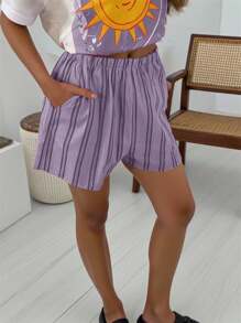 Quần short ống rộng cạp chun họa tiết sọc thường ngày dành cho nữ, thích hợp mặc vào mùa hè, mặc hàng ngày và đi nghỉ - Nhiều màu - Xem 3