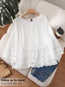 CosyJoli Plus Size Women's Solid Color Hollow Out Ruffle Hem Round Neck Blouse,Slightly Sheer