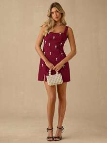 Enchnt Vestido mini sin mangas con decoración de perlas falsas de color vino tinto elegante y romántico para mujer, dulce y elegante para vacaciones, citas, fiestas, graduación, invitada de boda y playa, vestido de graduación, vestidos elegantes para fiesta