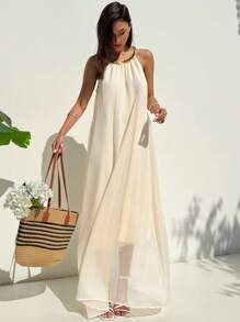 Aloruh Date Night Outfits Women Apricot Vacation Beach Dress With Unique Neckline And A-Line Silhouette For Women - Apricot - View 5