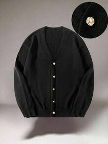 Manfinity EZcore Men's Solid Color V-Neck Long Sleeve Single-Breasted Black Cardigan , Fall Winter