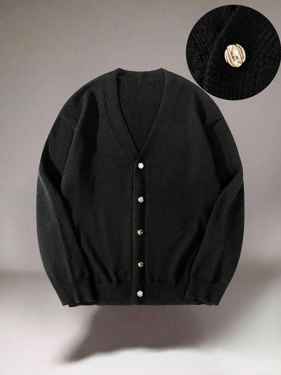 Manfinity EZcore Men's Solid Color V-Neck Long Sleeve Single-Breasted Black Cardigan , Fall Winter