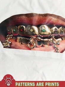 Manfinity Dauomo Men's Mouth & Teeth Print Round Neck Sleeveless Tank Top, Summer , Christian Clothes - White - View 5