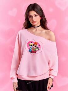 THE POWERPUFF GIRLS X SHEIN 女式不对称领口花朵、泡泡、毛茛花图案长袖运动衫 - 粉色 - 查看 4