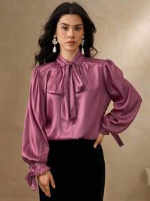 DAZY Women's Elegant Commuter Solid Color Tie Collar Blouse,Fall Women Clothes Long Sleeve Top - Purple - View 5
