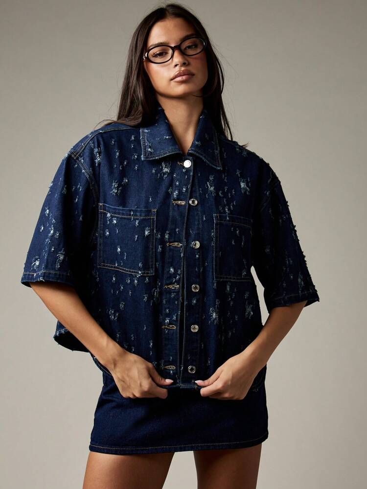 MISSGUIDED Camicia di jeans oversize con bottoni, stile classico da camionista, con maniche ampie, adatta per tutte le stagioni, casual, per autunno e primavera