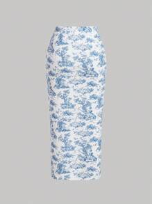 SHEIN MOD Women's Retro Palace Blue & White Floral Printed Fish Bone Strips Crop Top And Skirt Wedding Two Pieces Set - Blue and White - View 6