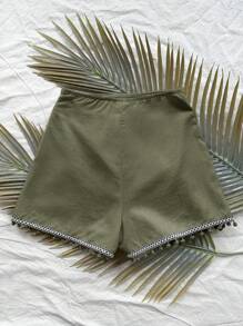 Soleia Lễ hội âm nhạc dành cho phụ nữ trong kỳ nghỉ Quấn váy bằng ruy băng Quần short vải kết cấu tua rua - màu xanh lá - Xem 2