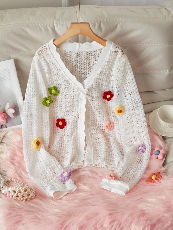 Teen Girl Sweet Crochet Floral Hollow Out Knit Jacket, Versatile To Pair With Dresses, Pants, Camisoles, T-Shirts For Casual Street Style