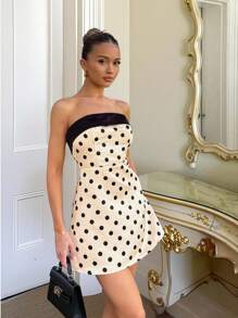 Glamine 女士优雅波尔卡圆点露肩短裙，时尚秋冬秋季女装返校可爱卡哇伊街头服饰波尔卡圆点上衣波尔卡圆点连衣裙 - 香檳色 - 查看 5