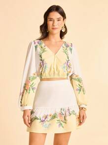 CAJUNI Blusa holgada con estampado floral, cuello en V cruzado, manga larga, adecuada para vacaciones, verano, otoño/invierno, citas, reuniones, playa, vuelta al colegio, ir al trabajo - Multicolor - Ver 5