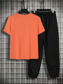SHEIN Tween Boys'Burnt Orange T-Shirt & Black Sweatpants Set,Sporty Casual Summer Vacation Activewear,Collegiate Style Soft Fabric 2pcs Athletic Outfit - Multicolor - View 5
