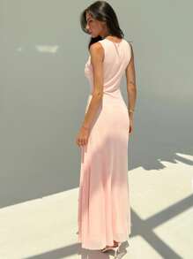 Aloruh Women's Plain Round Neck Ruched Hem Sleeveless Casual Dress, Summer