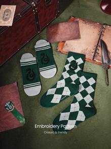 GLOWMODE X Harry Potter 2-Pack Soft Comfy Jacquard Embroidered Anti-Chafing Cotton Blend Crew Socks & Ankle Socks Set Daily Casual - Green - View 3