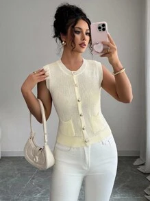 Elenzga Sleeveless Round Neck Elegant Romantic Delicate Women Sweater Vest - Cream - View 6