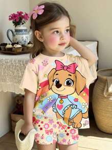 SHEIN 2pcs/Set Girls Casual Minimalist Short Sleeve Top And Shorts Outfit, Suitable For Summer Cartoon Shirts For Kids Kawaii Shirt Kids Girls Shirts Summer Dog Cartoon Shirt - Multicolor - View 6