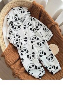 男嬰熊貓圖案連帽法蘭絨連身褲 - 黑與白 - 查看 1