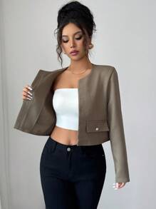 Elenzga Elegante Damen Jacke mit rundem Ausschnitt, Tweed, Pattentaschen und Knopfverzierung - Khaki - Übersicht 6
